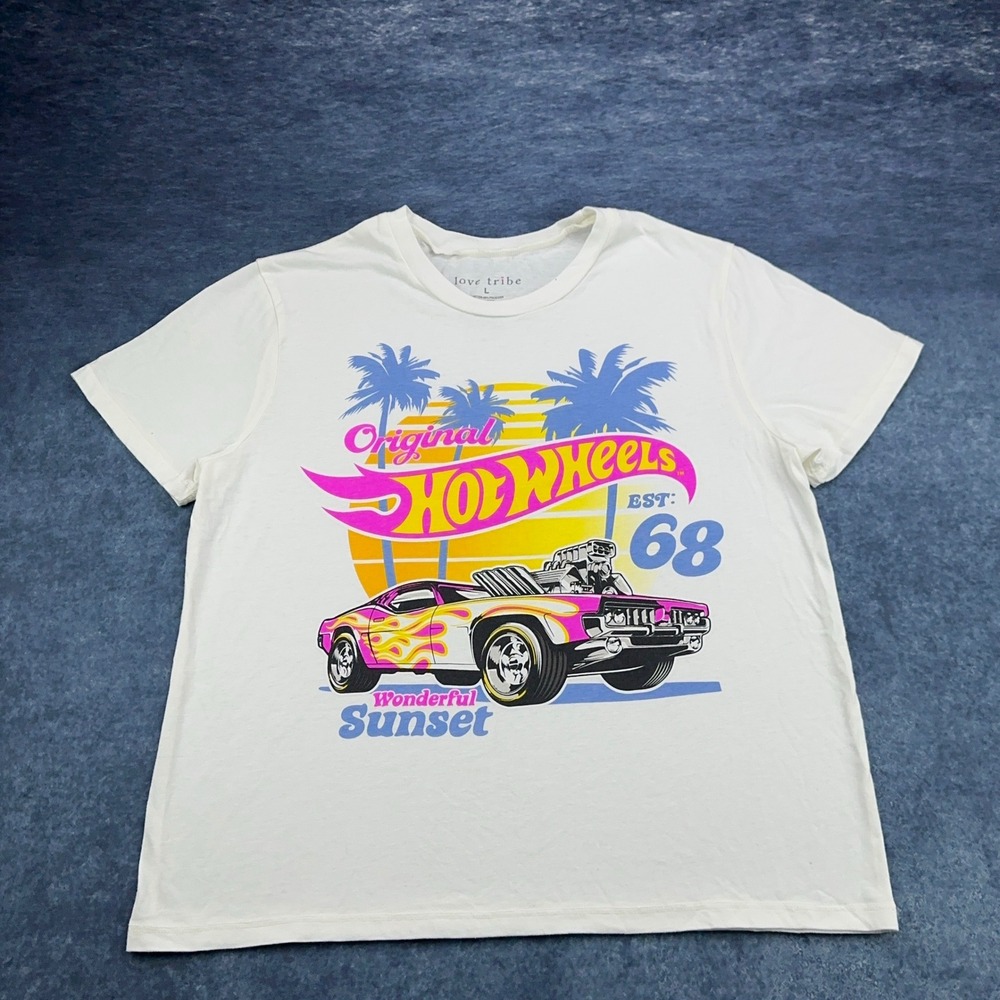 Love Tribe Hot Wheels Original Sunset Graphic T-Shirt Cream Large Retro 68 Car